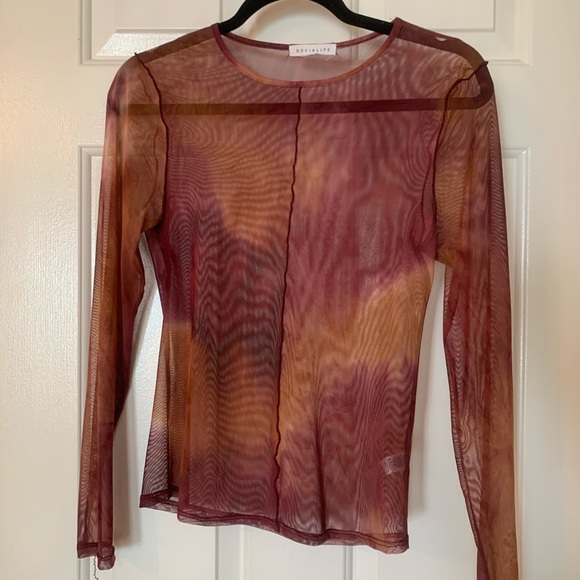 Orange Purple Socialite Long Sleeve Mesh Dyed Top, Size Small - Picture 2 of 4
